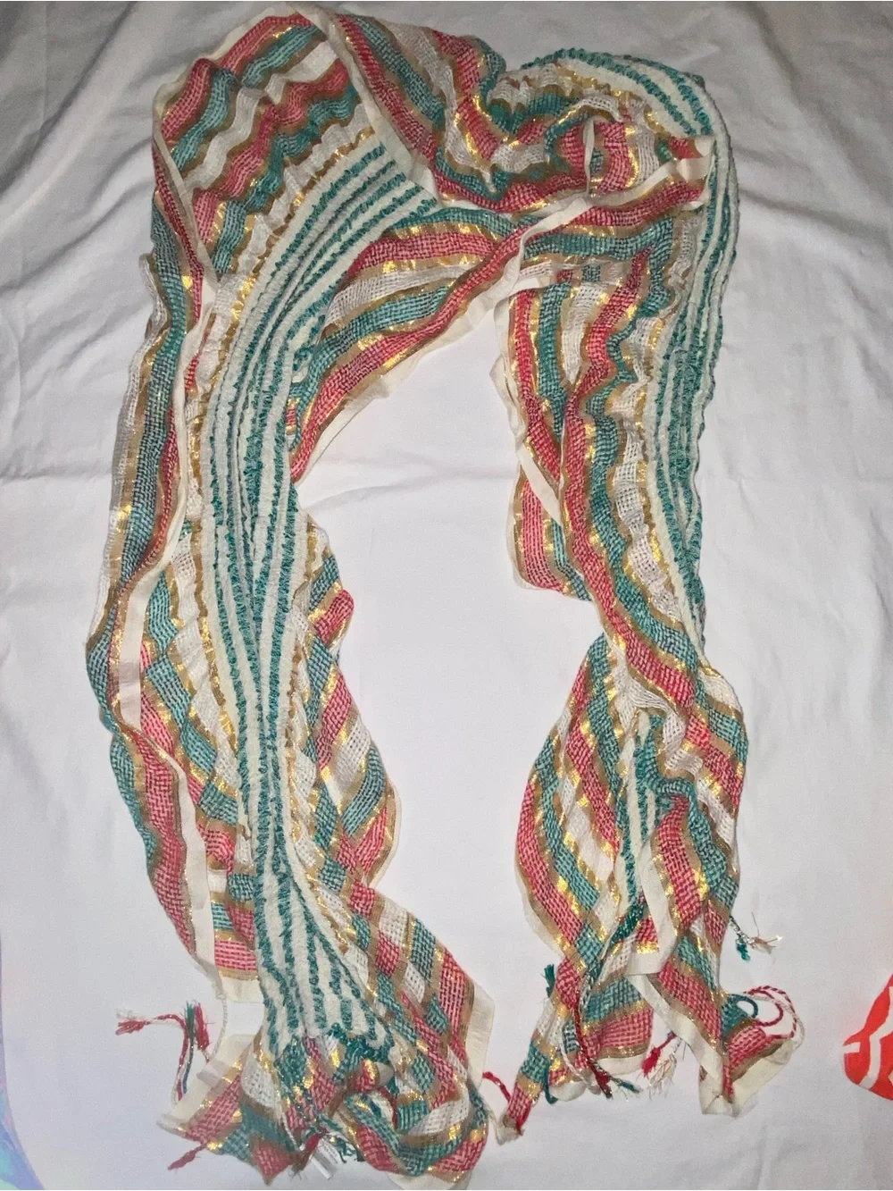 Mixit Striped Woven Scarf in Teal, Coral, Gold & Cream